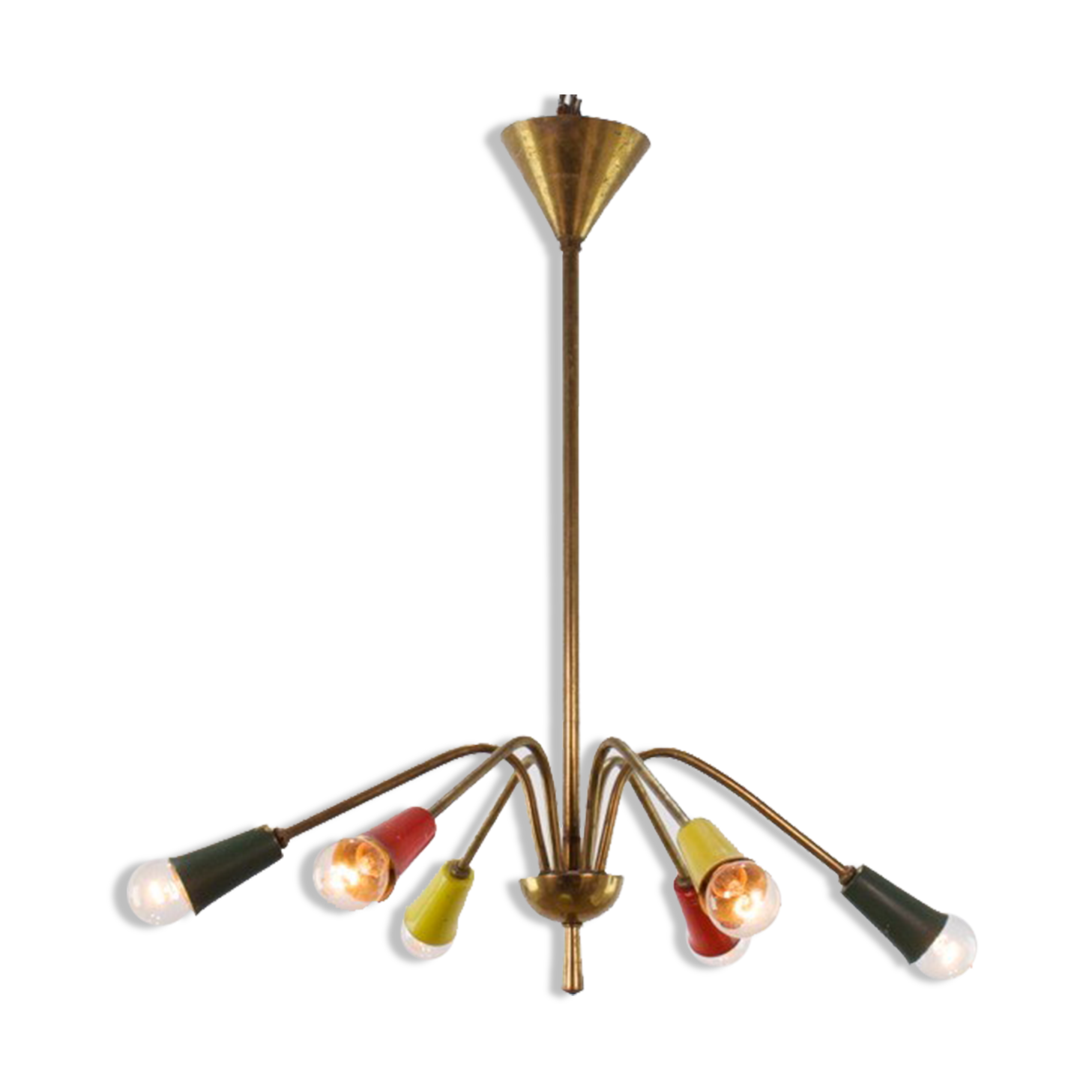 Vintage chandelier 1950, 6 arms, brass and colors, 60cm in diameter