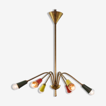 Vintage chandelier 1950, 6 arms, brass and colors, 60cm in diameter