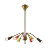 Vintage chandelier 1950, 6 arms, brass and colors, 60cm in diameter