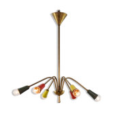 Vintage chandelier 1950, 6 arms, brass and colors, 60cm in diameter