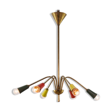 Lustre vintage 1950 6 bras laiton et couleurs 60cm de diamètre