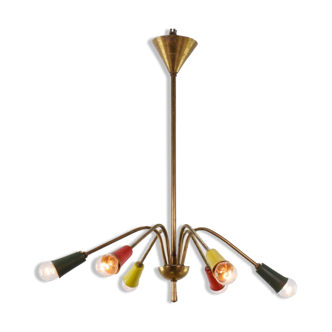 Vintage chandelier 1950, 6 arms, brass and colors, 60cm in diameter