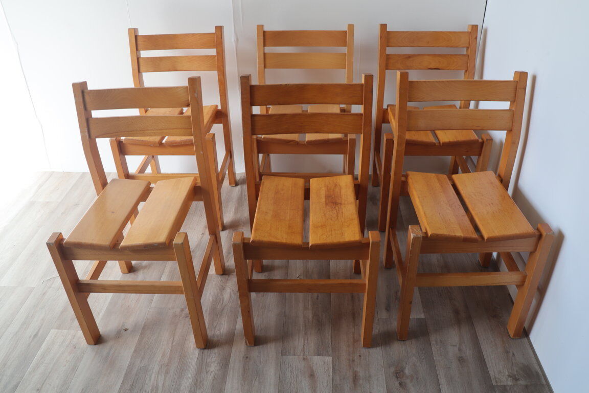 Series of 6 vintage chairs in solid pine 1960