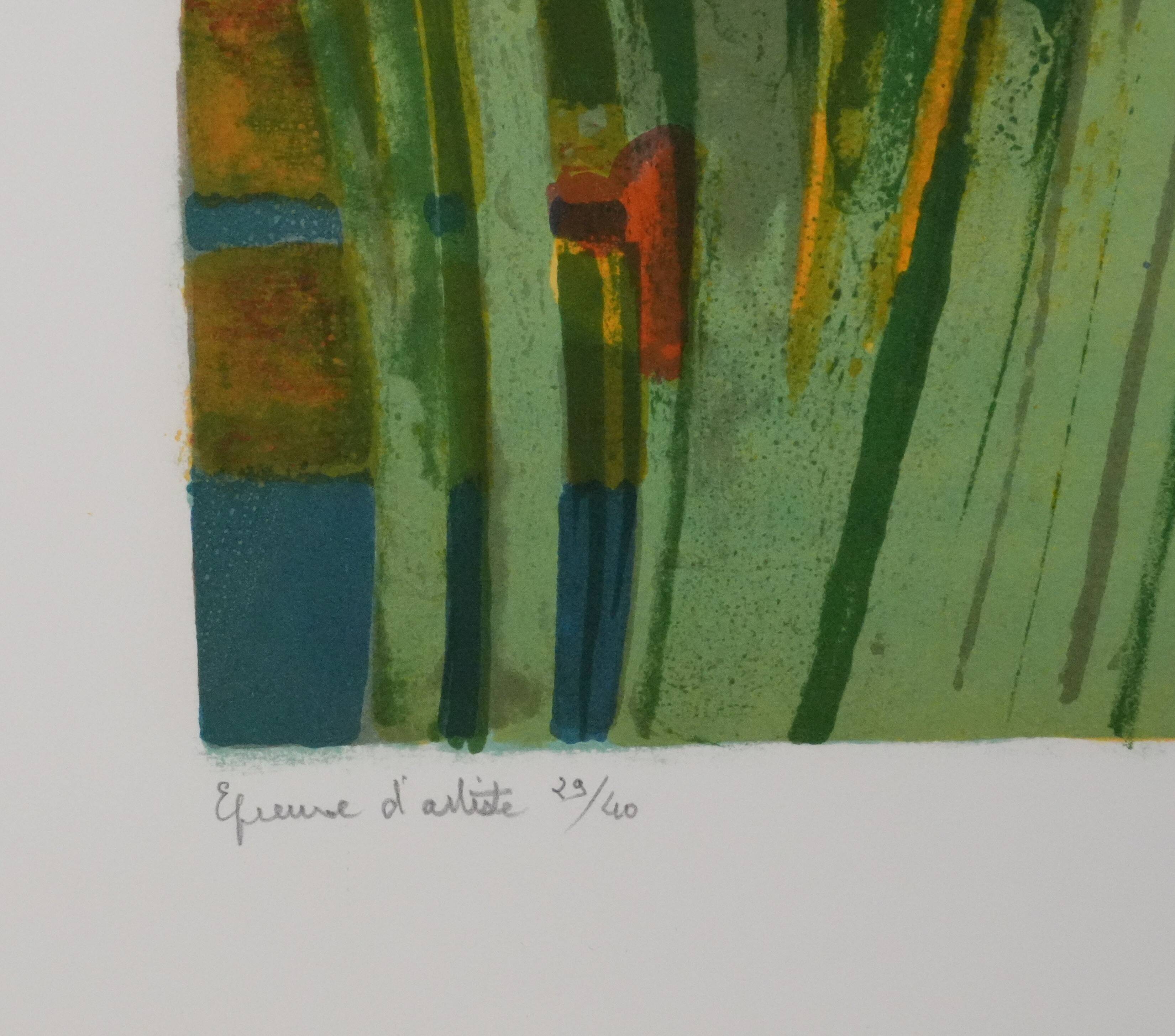 Paul collomb : les iris bleues, lithographie originale signée