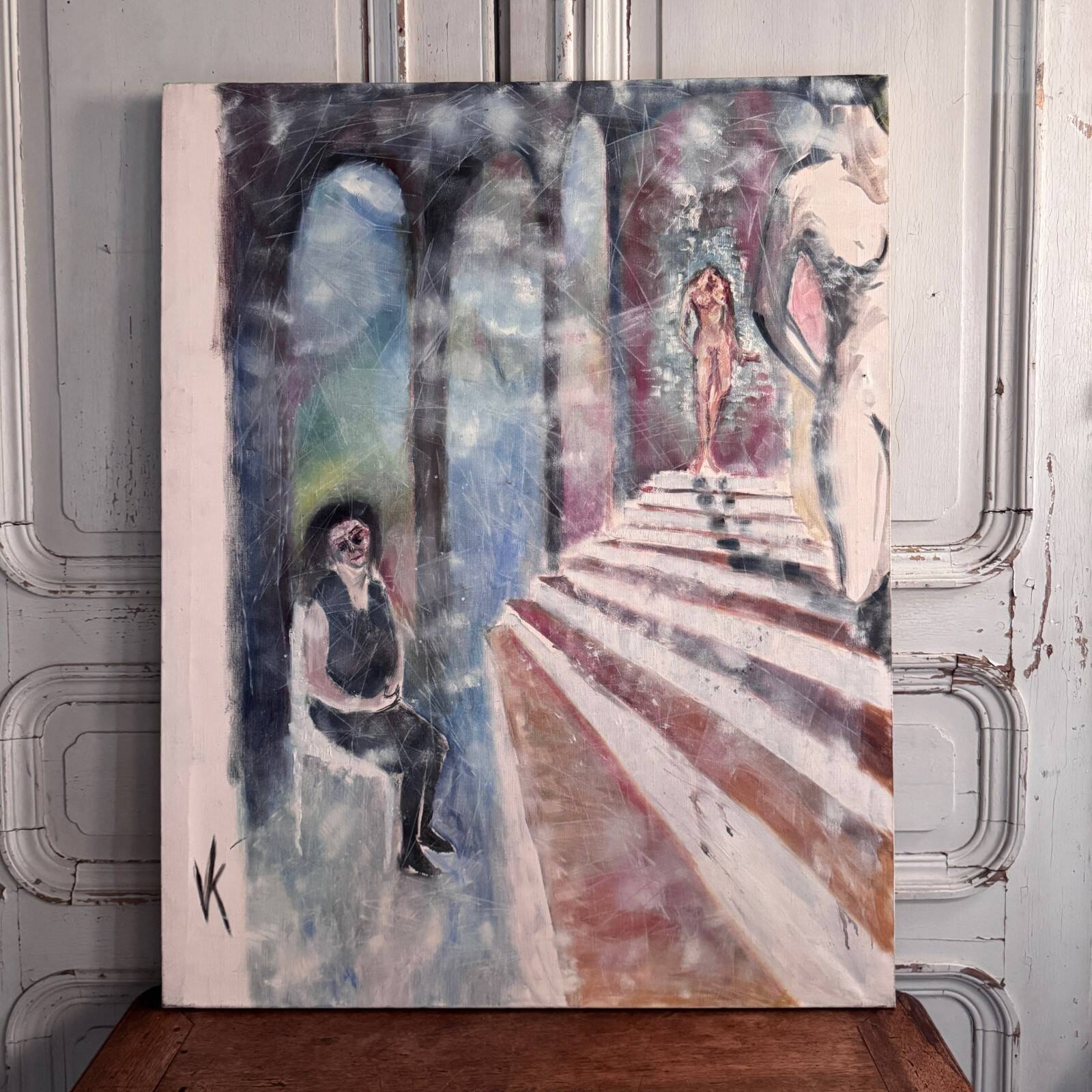 Oil on canvas by Véronique Maude Fini, woman descending a staircase.