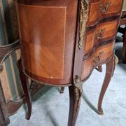 Lady's demi-lune commode in Louis XV style with marquetry and gilded bronze.