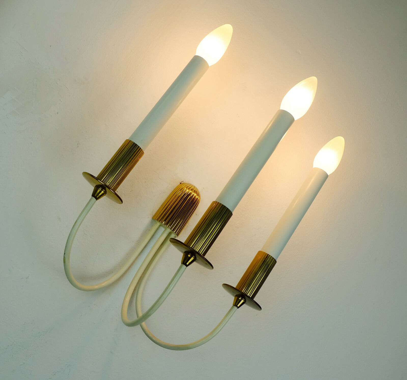 Mid century sconce wall lamp brass white metal vintage cinema light / 2 available