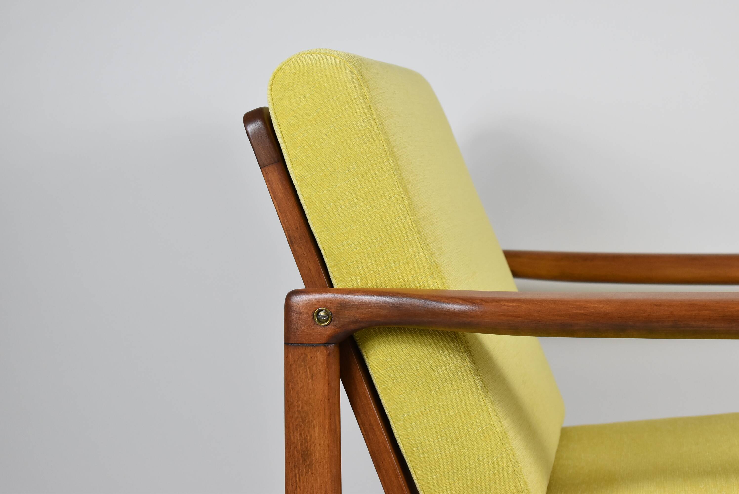 Scandinavian restored armchair, original 60s icon, yellow, teak