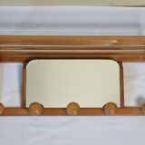 Light wood wall coat rack with tilted mirror, 5 hooks, 1960s