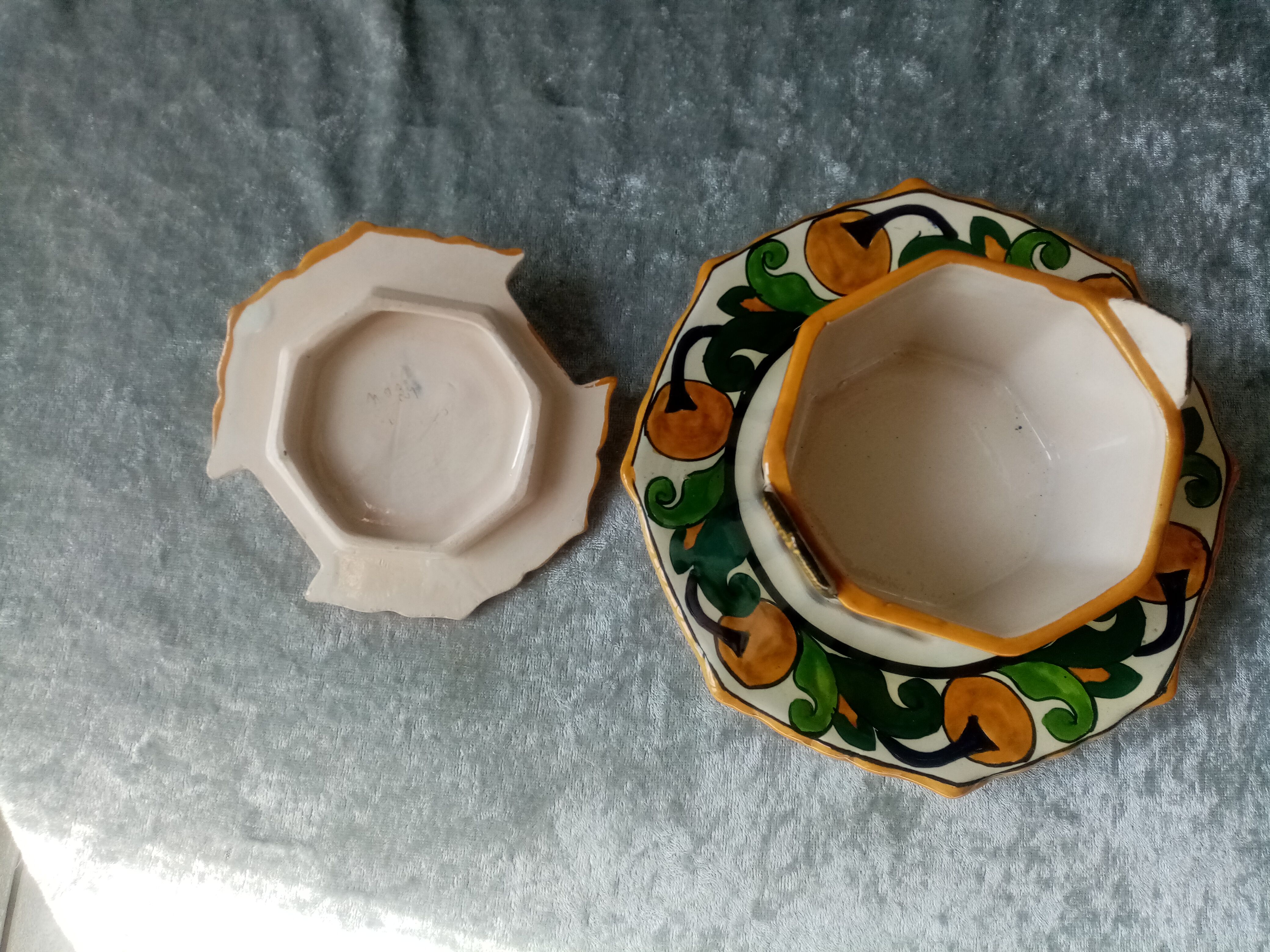 Old art deco butter dish in faience of quimper sign hb