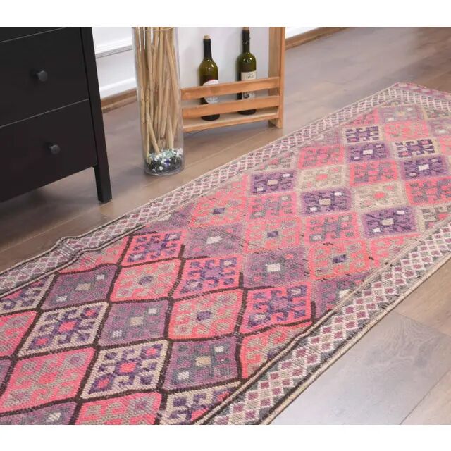 1970s vintage Turkish hand-knotted wool cotton pink runner rug 87x395