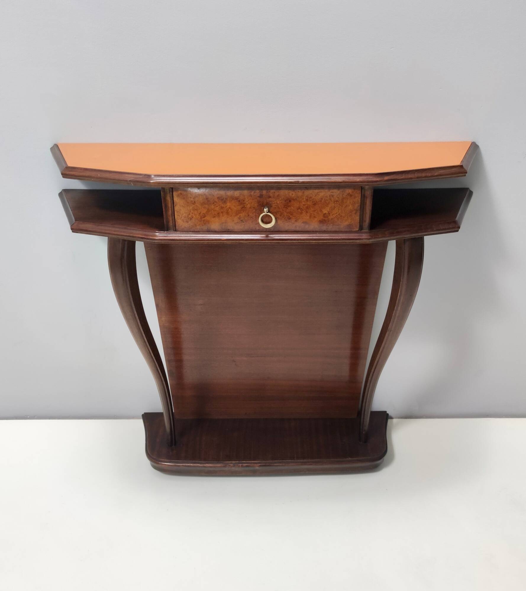 Beech and Walnut Root Console Table with an Orange Glass Top, Italy