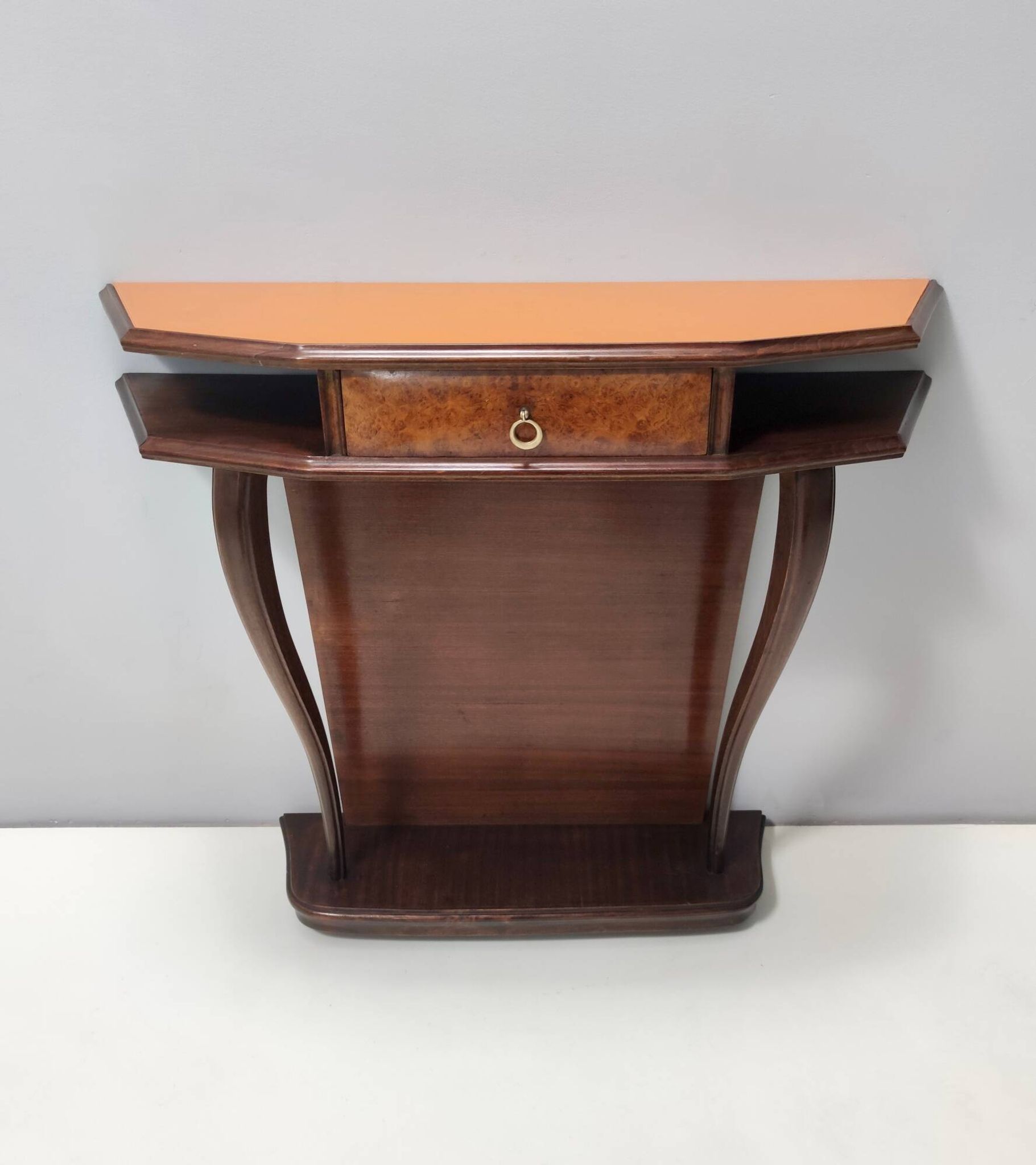 Beech and Walnut Root Console Table with an Orange Glass Top, Italy