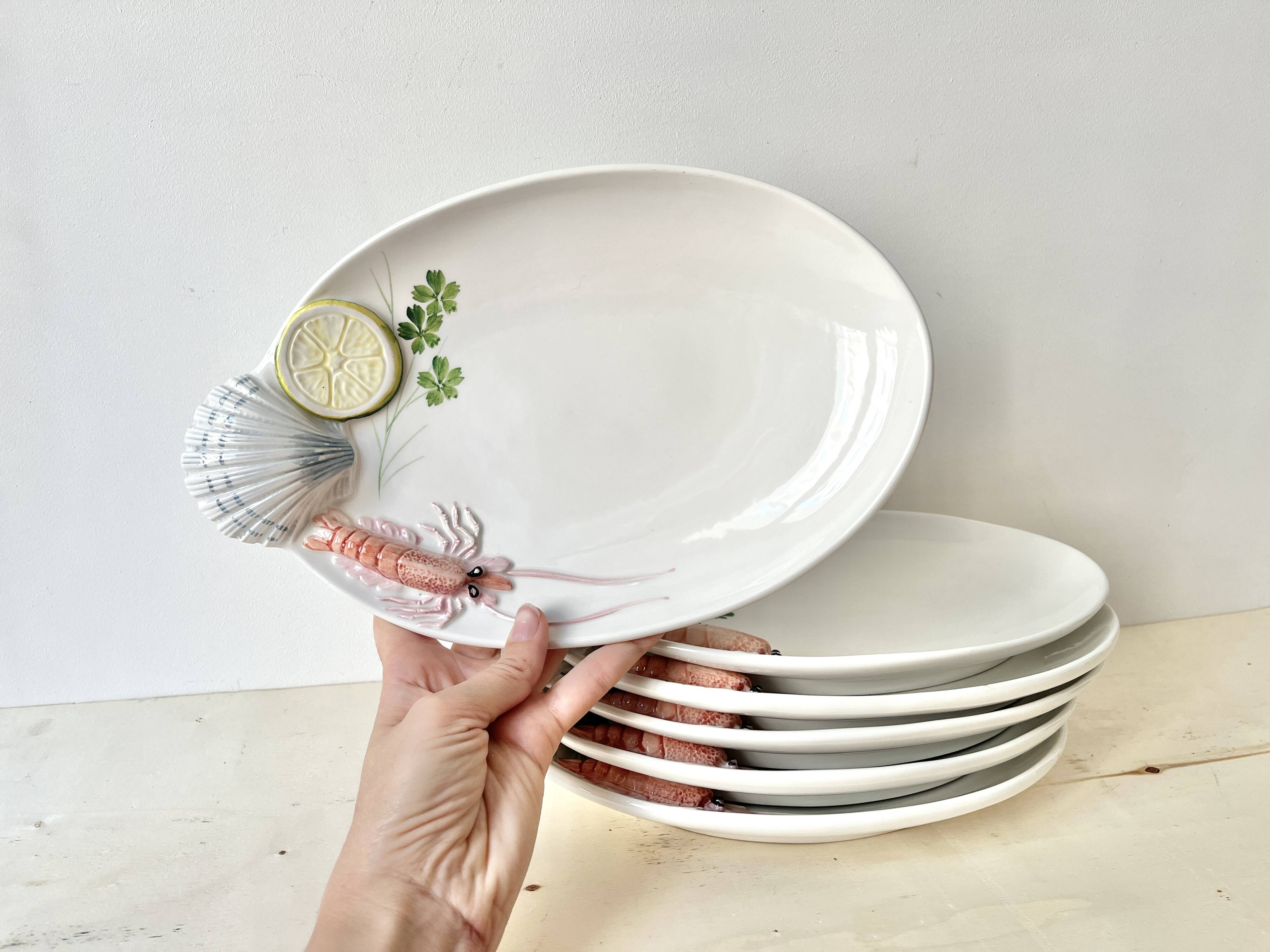 Vintage Italian majolica plates, seafood plates.