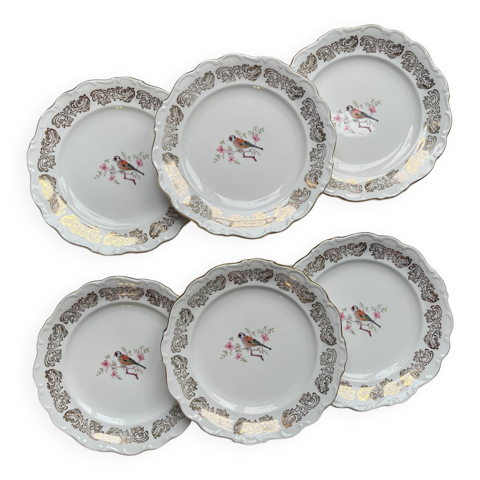 6 Small vintage plates in gold white porcelain Bavaria bird motif