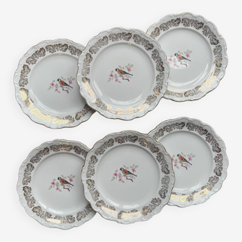 6 Petites assiettes vintage en porcelaine blanche dorée Bavaria motif oiseau