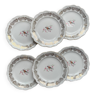 6 Petites assiettes vintage en porcelaine blanche dorée Bavaria motif oiseau