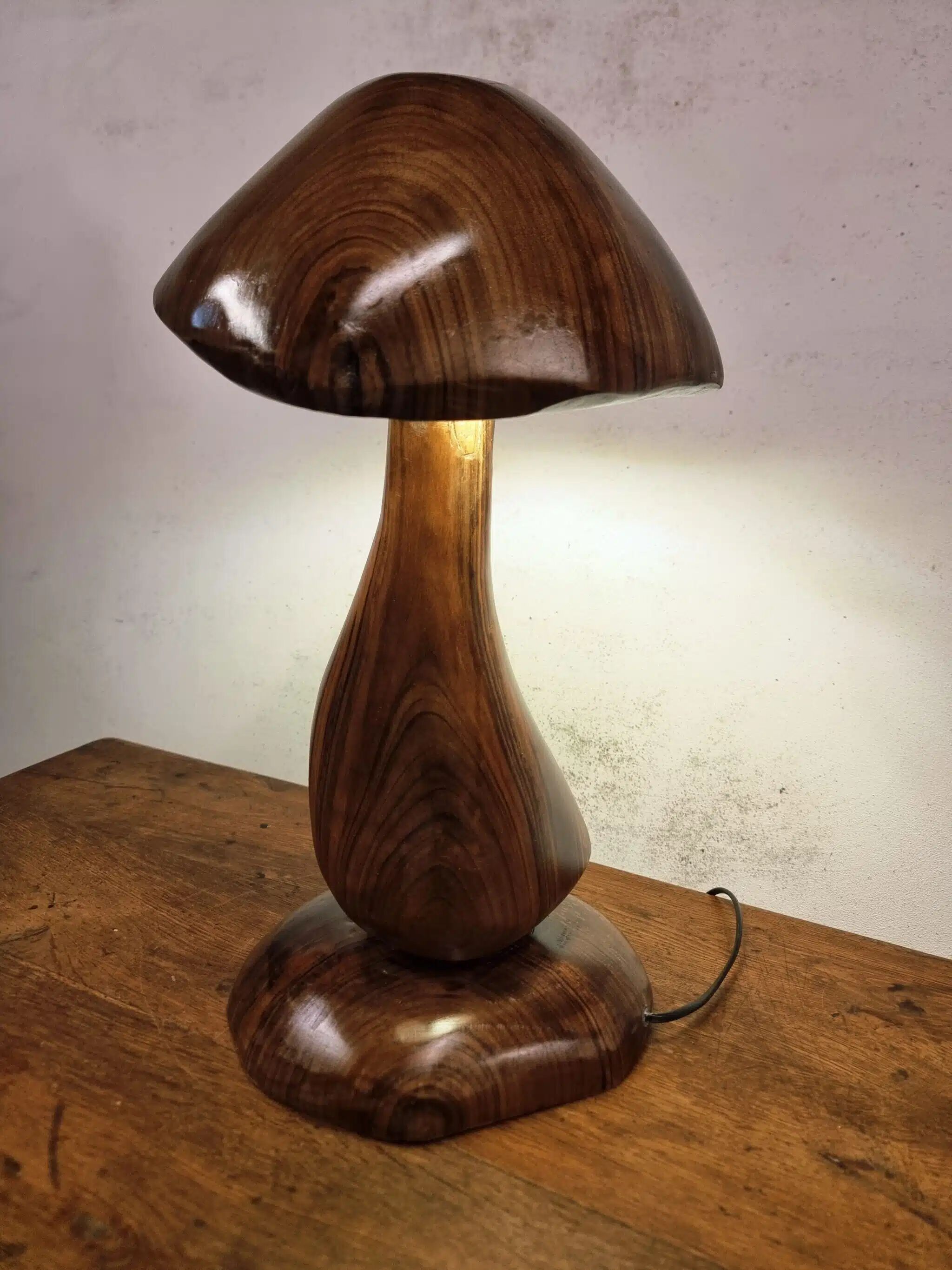 Hand-carved wooden mushroom table lamp with integrated LED