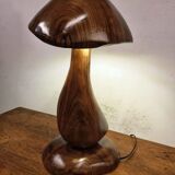 Hand-carved wooden mushroom table lamp with integrated LED