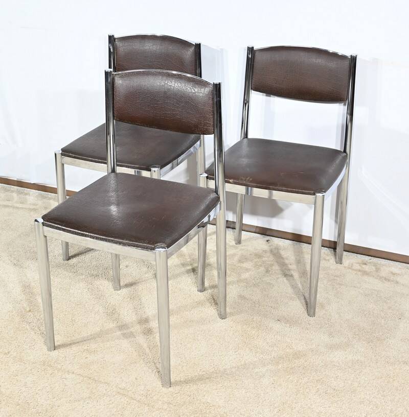 Suite of 3 Leather and Chrome Metal Chairs, attributed to Collomb Creation – 1970