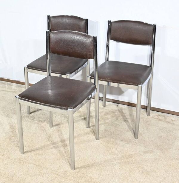Suite de 3 Chaises en Cuir et Métal Chromé, attribuées à Collomb Création – 1970