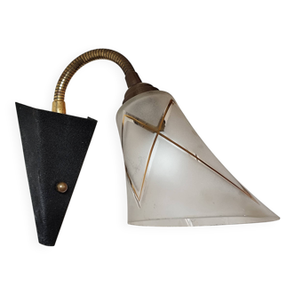1950s wall lamp, metal, flexible brass stem and opaque shade.