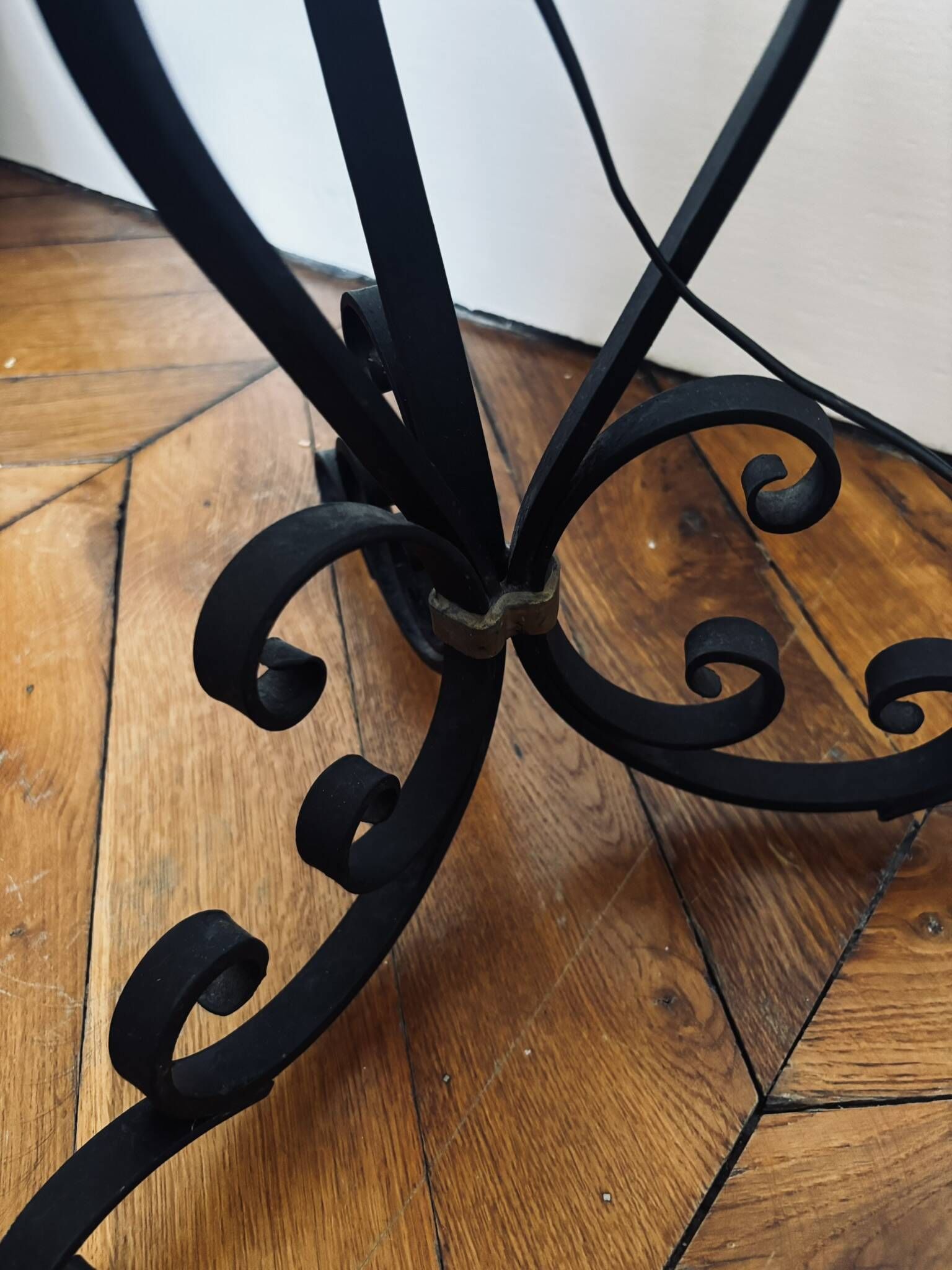 1950s floor lamp - wrought iron, gilded brass, and Sèvres crystal