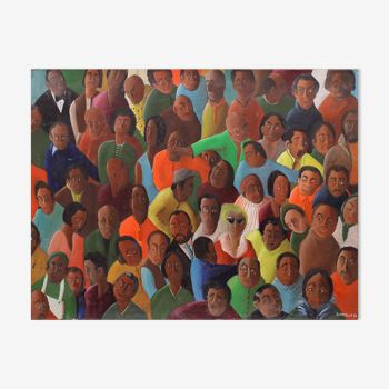 Huile sur toile, style cubain - foule personnages - 65 x 50 cm