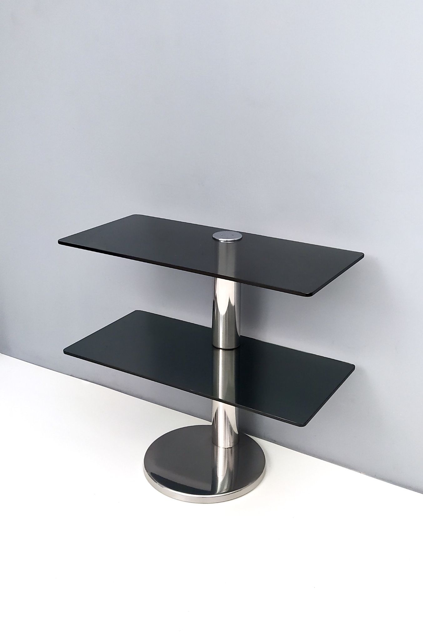 Postmodern Chromed Metal Console Table with Two Smoked Glass Shelves, Italy