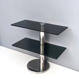 Postmodern Chromed Metal Console Table with Two Smoked Glass Shelves, Italy