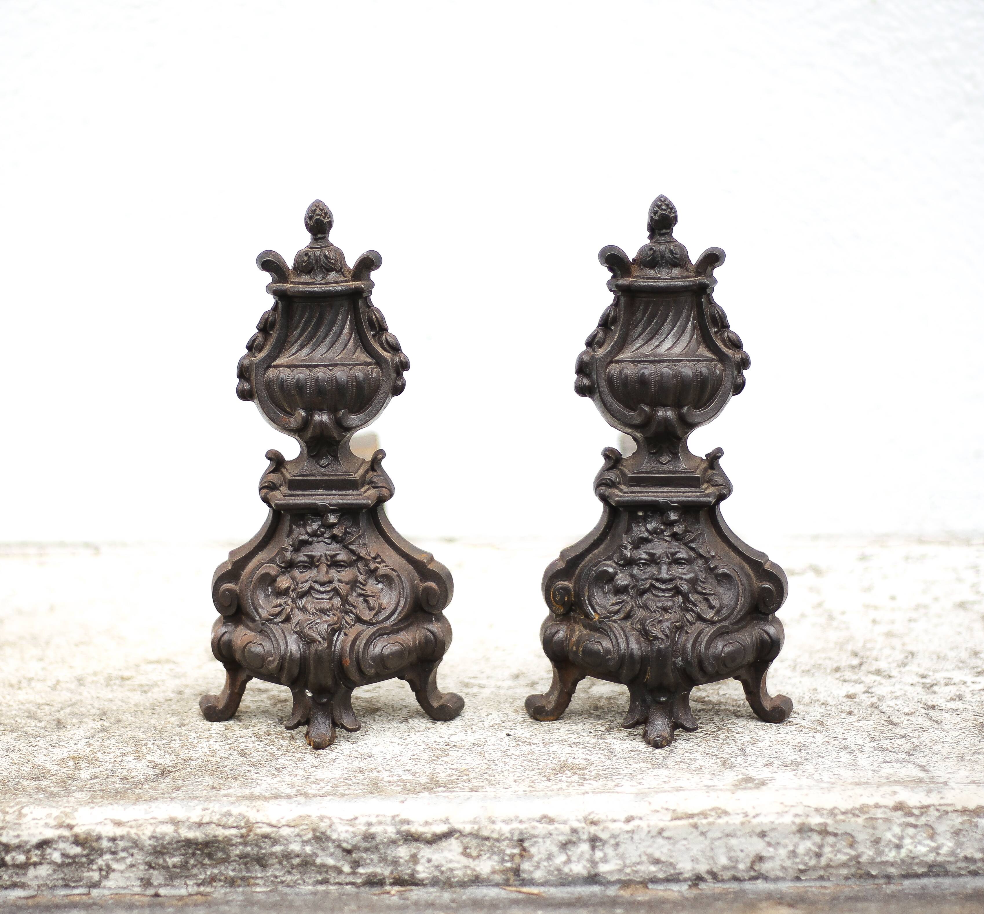 Vintage fireplace andirons, pair of cast iron Bacchus head andirons, fireplace accessories