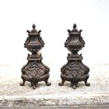 Vintage fireplace andirons, pair of cast iron Bacchus head andirons, fireplace accessories