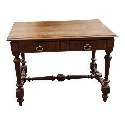 Bureau plat ancien en bois à deux tiroirs
