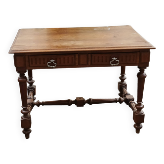 Bureau plat ancien en bois à deux tiroirs