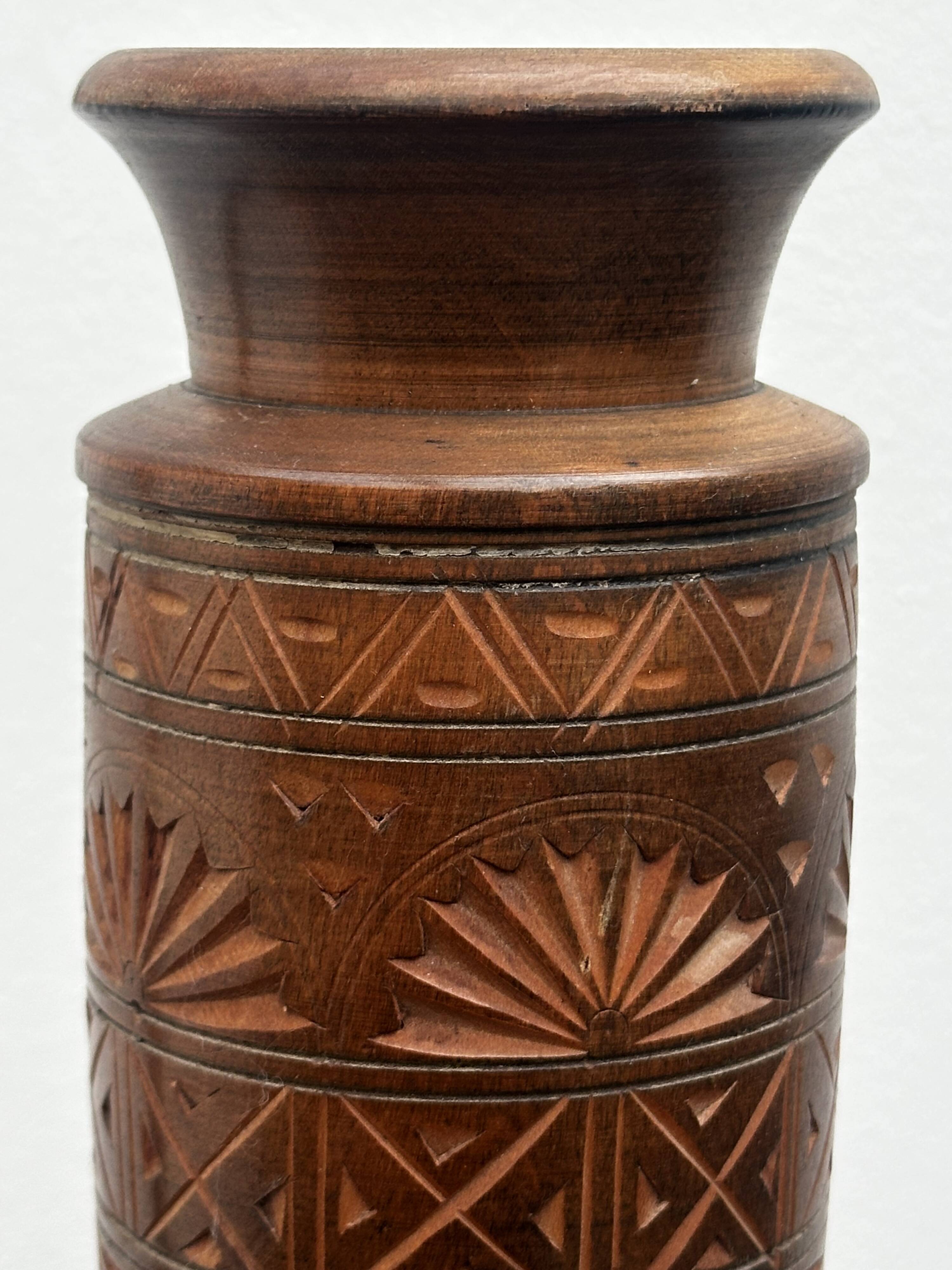 Turned and carved wooden vase, mid-20th century