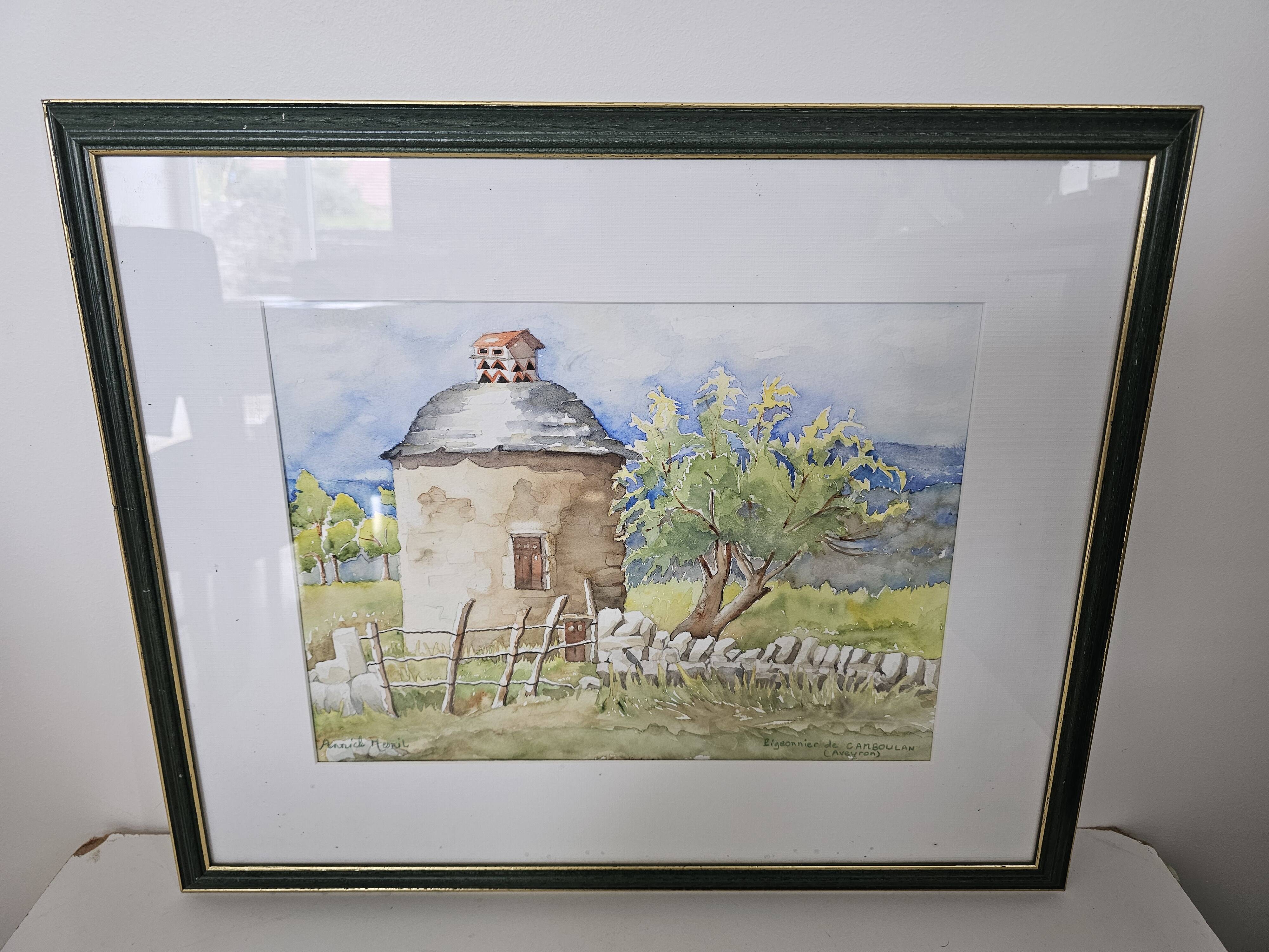 Watercolor of the dovecote of Camboulan Aveyron signed Annick Mesnil