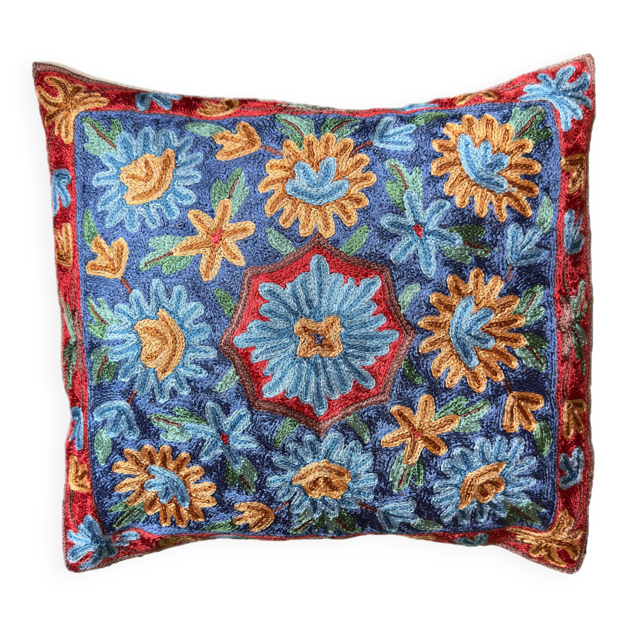 Hand-embroidered silk cushion cover from Kashmir, floral pattern 40x40 cm
