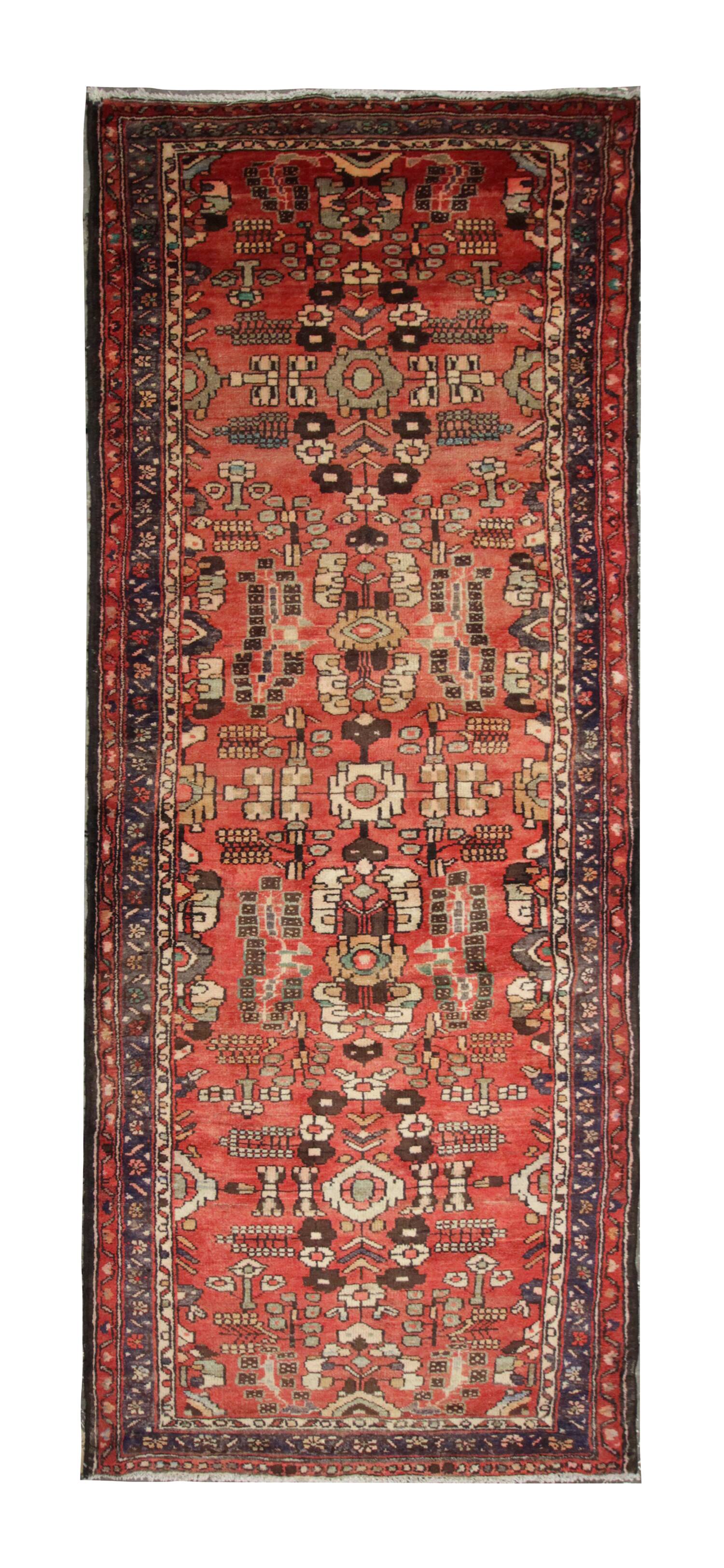 Vintage Mid-Century Geometric Runner, Hand-Knotted Wool Stair & Hallway Rug