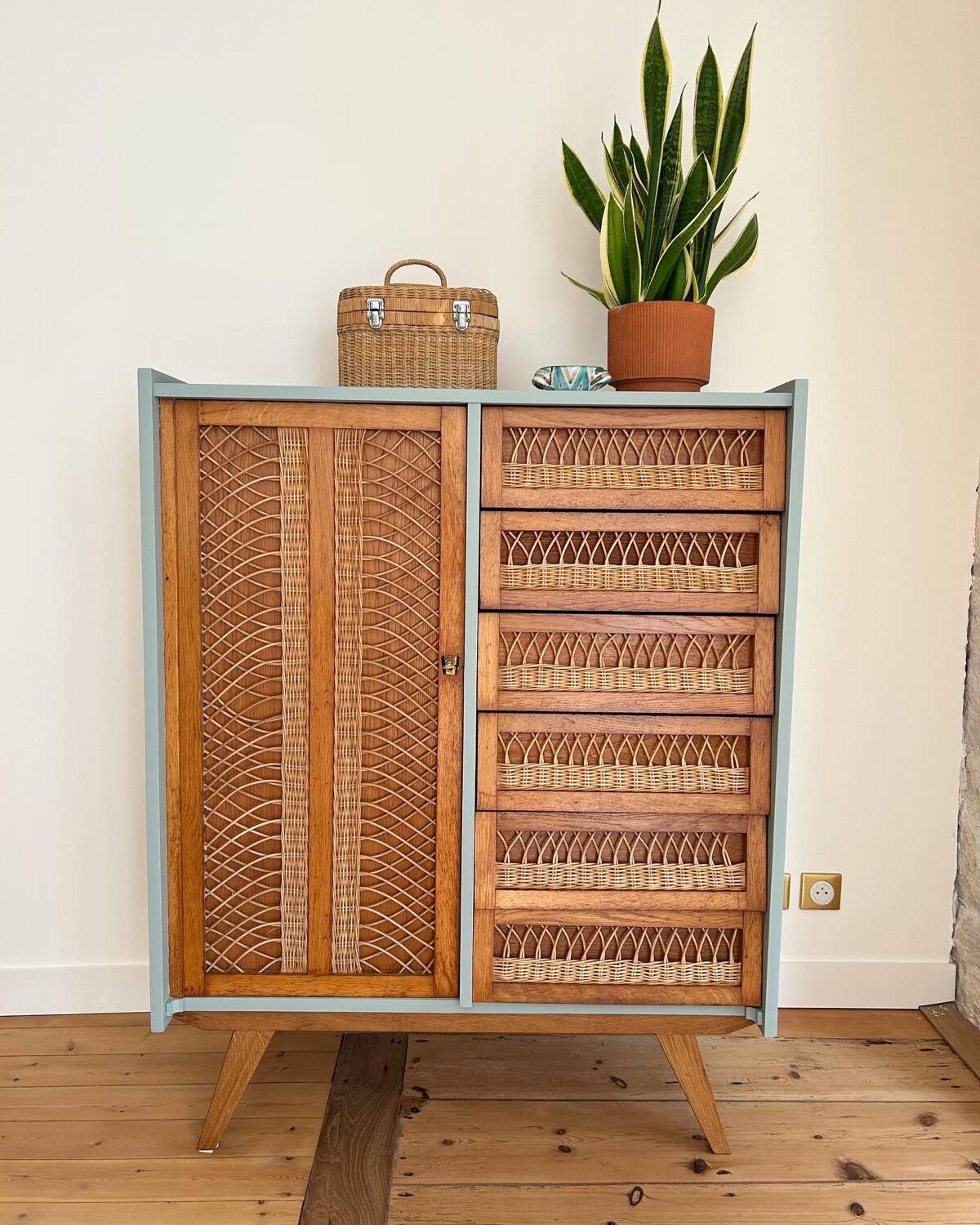 Oak and rattan wardrobe / chest of drawers
