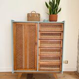 Oak and rattan wardrobe / chest of drawers