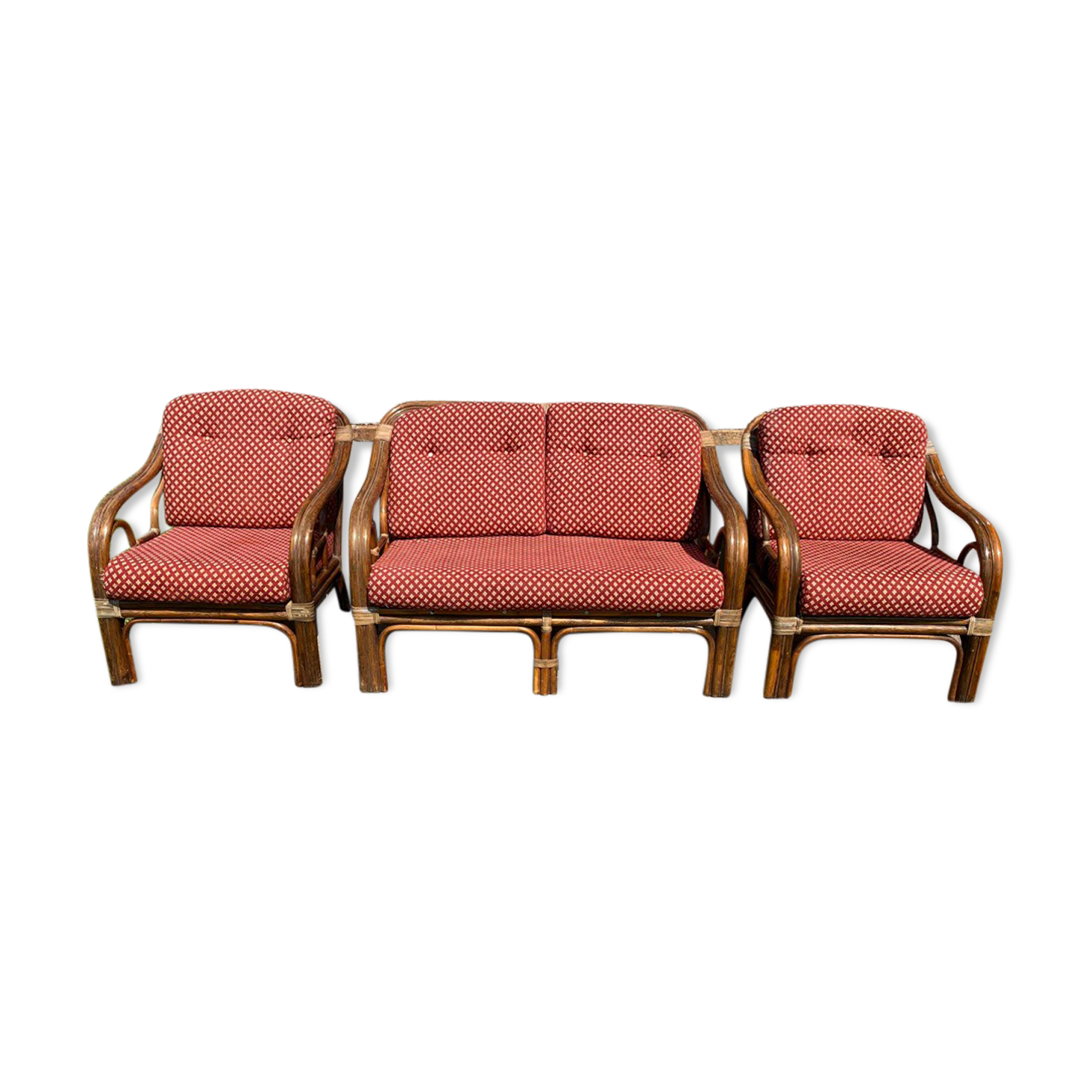Vintage rattan lounge set 1 bench and 2 armchairs