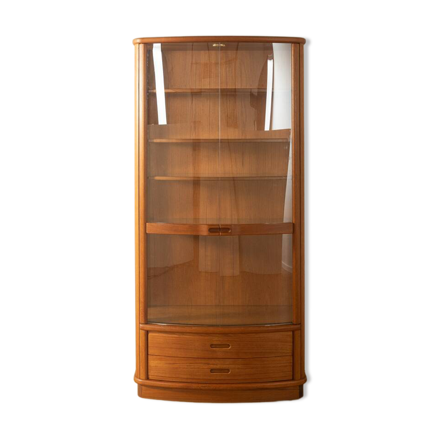 Exclusive display cabinet from the 1980s, solid teak, glass doors, drawers, lighting