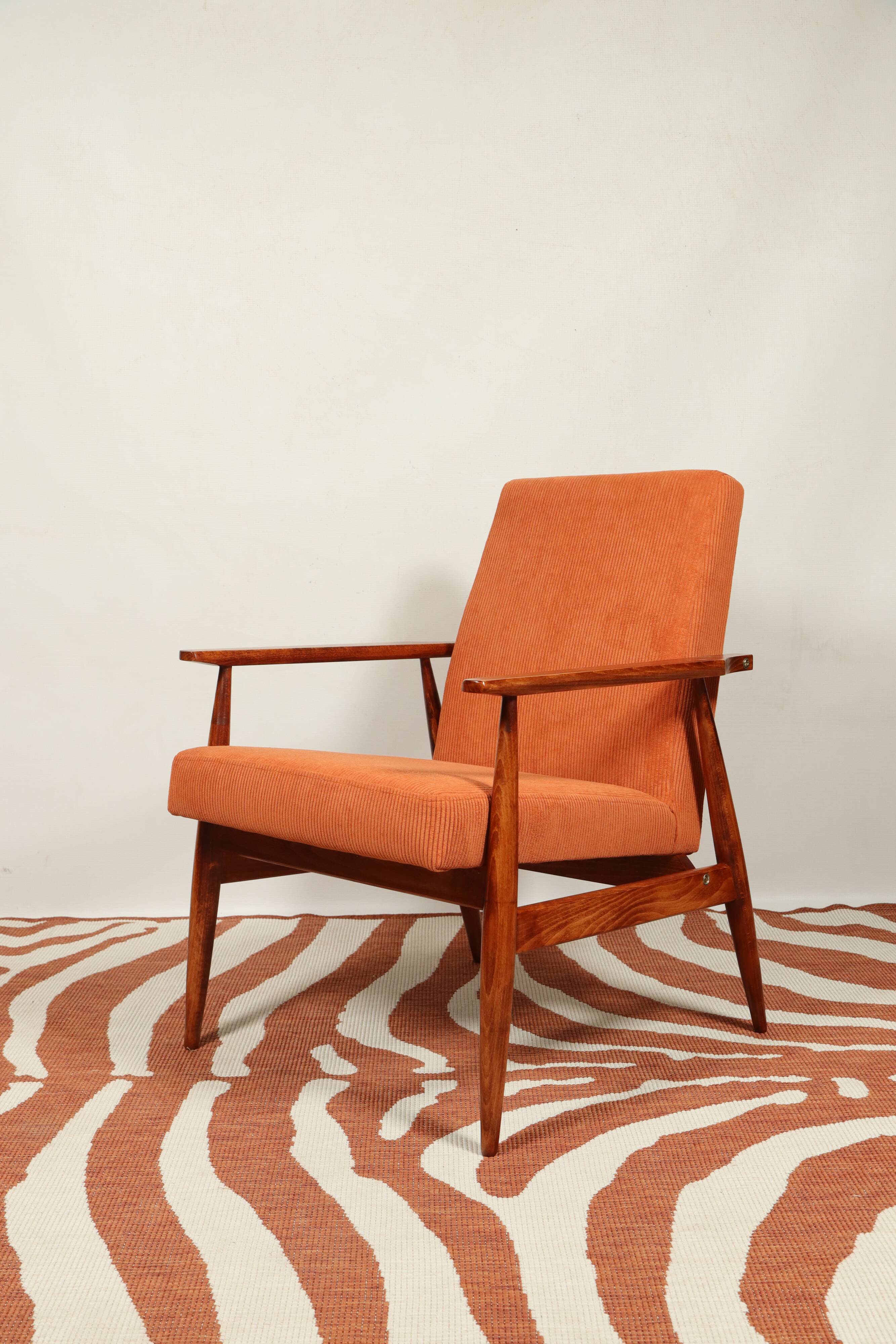 Vintage armchair orange burt corduroy upholstery , Henryk Lis, 1960, Poland