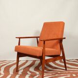 Vintage armchair orange burt corduroy upholstery , Henryk Lis, 1960, Poland