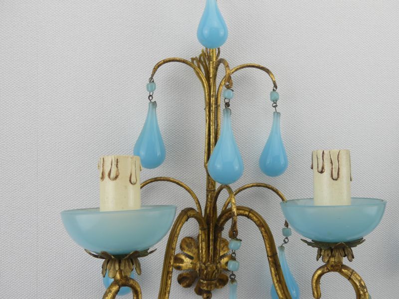 Pair of vintage wall lamps Murano blue opaline tassels