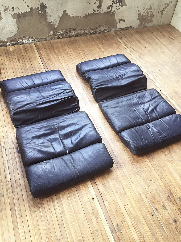 Danish sofa and armchairs curved wood and leather