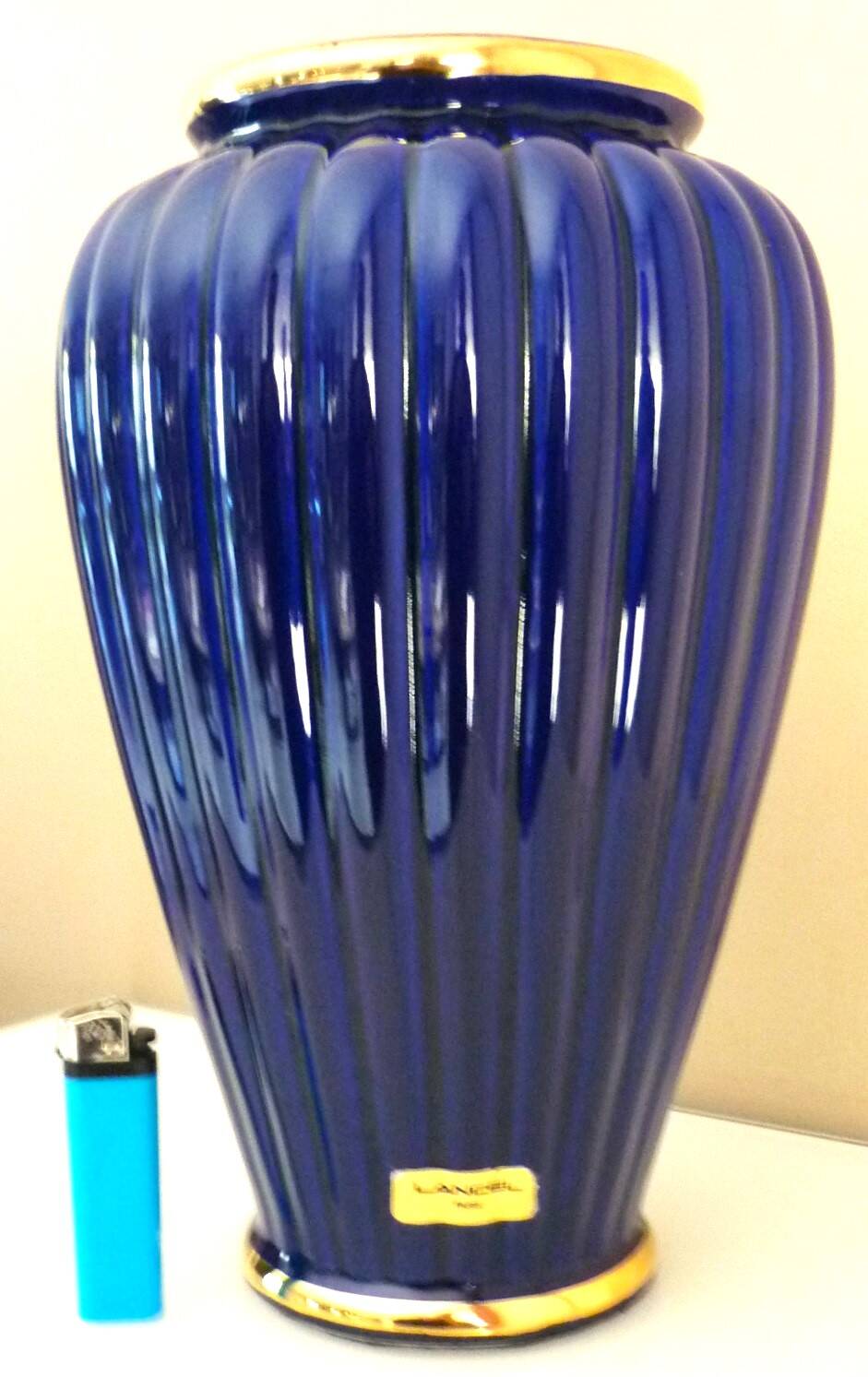 Vintage glazed ceramic vase, cobalt blue and gilt, Lancel Paris