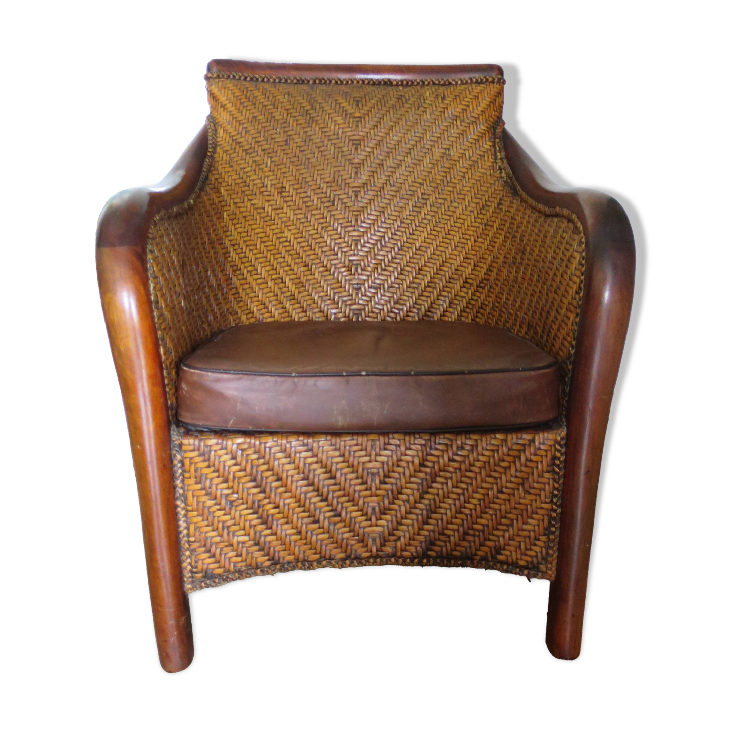 Woven rattan armchair and exotic wood - Colonial style - 1980s