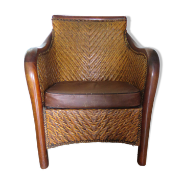 Fauteuil en rotin tressé et bois exotique de style colonial, années 80