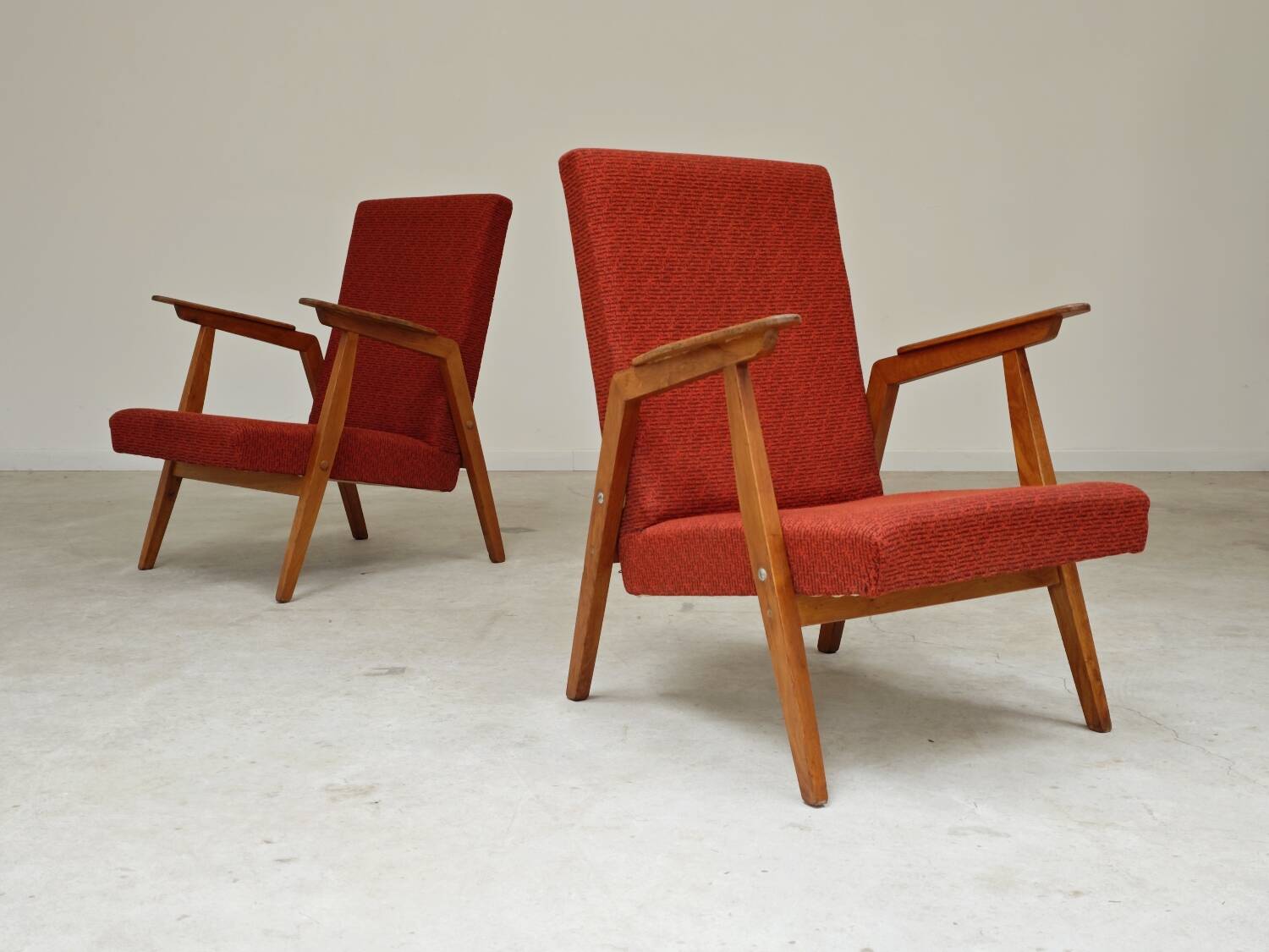 Pair of Uluv red Eastern Bloc armchairs, 1960s